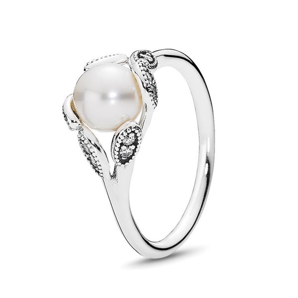 

925 sterling silver luminous leaves pearl & cz ring with pandora original gift box, luxury designer jewelry women diamond engagement rings
