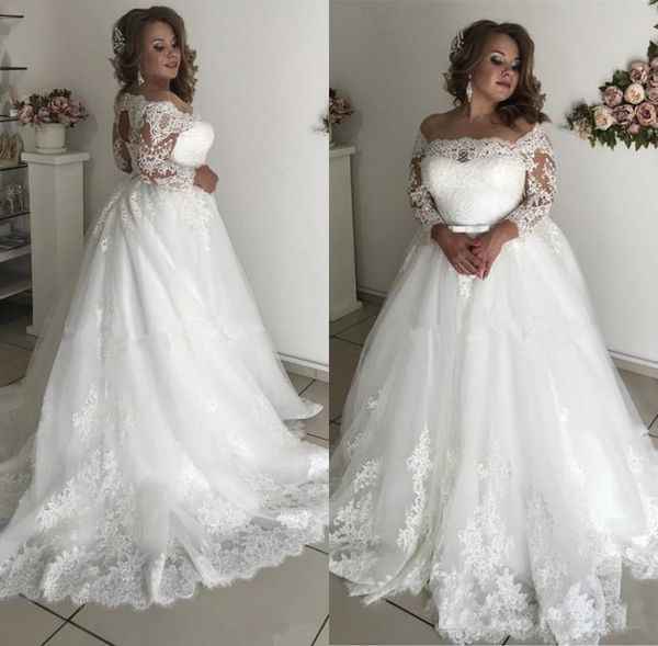 

2019 Fashionable Plus Size Country Lace Wedding Dresses 3/4 Sleeve Appliques Beads Sash Hollow Garden Bridal Gown Sexy vestido de noiva