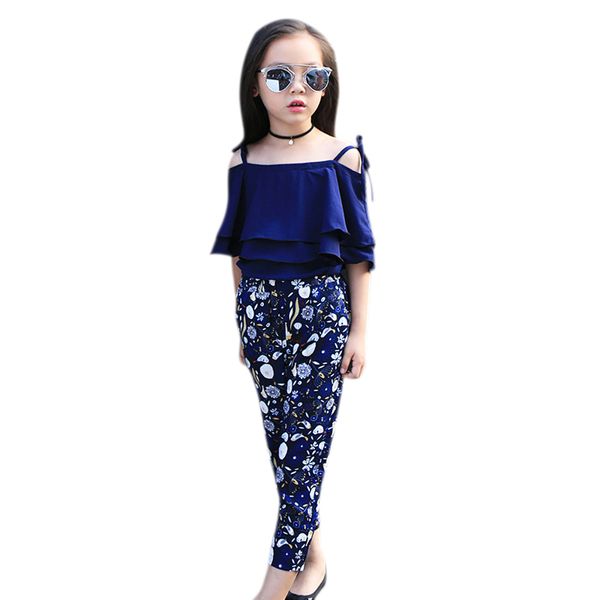 

clothes kids girls kids fashion chiffon off shoulder + floral pants two piece set children summer suit girls outfits navy, White