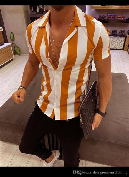 

designer mens casual shirts summer short sleeve lapel neck panelled color mens striped print slim, White;black