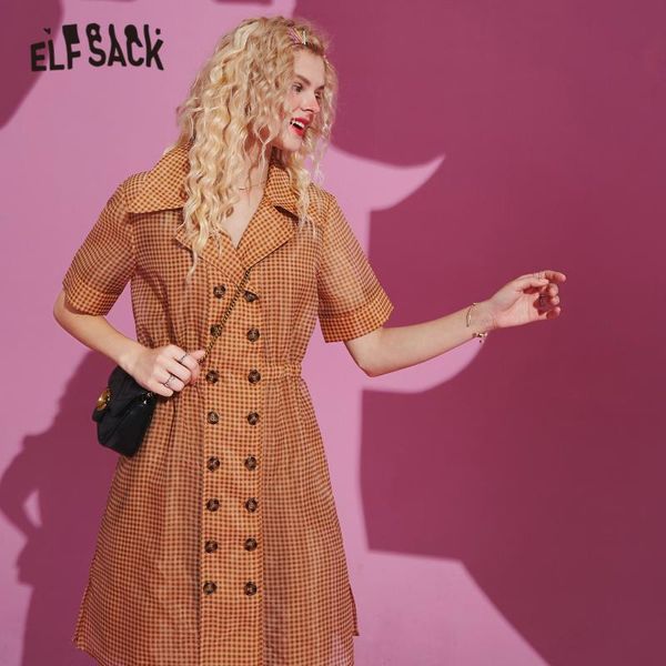 

elfsack brown plaid double breasted casual mini dress women 2020 summer elf vintage elastic drawstring ladies daily 2 pieces set, Black;gray