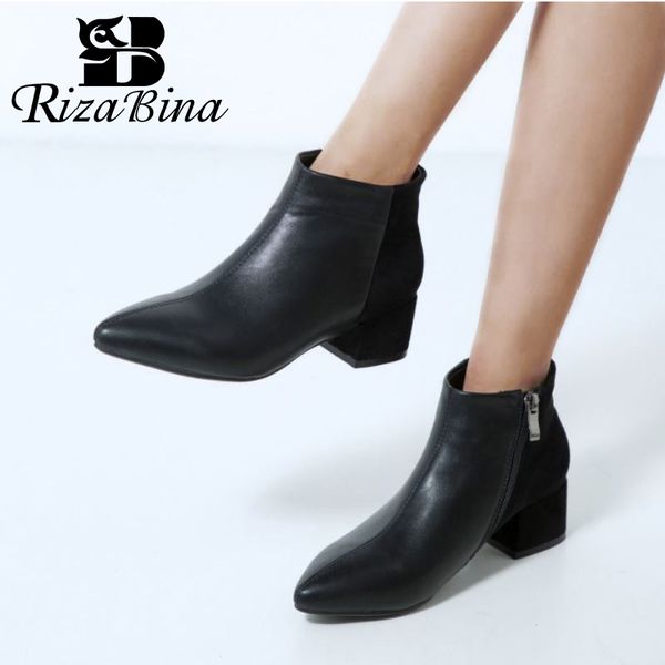 

rizabina size 31-43 women ankle boots fashion pointed toe square toe shoes women warm fur square simple zipper footwear, Black