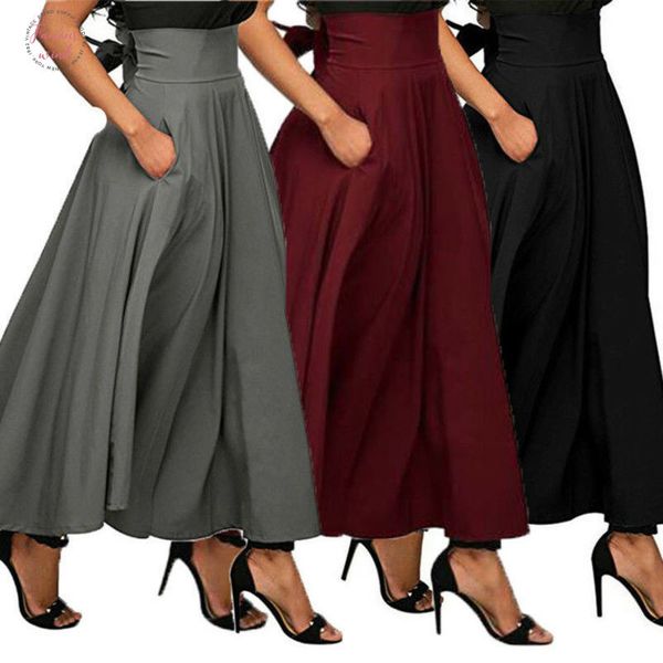 

fashion new casual high waist pleated long skirts women flared full maxi skirt swing skirt, Black