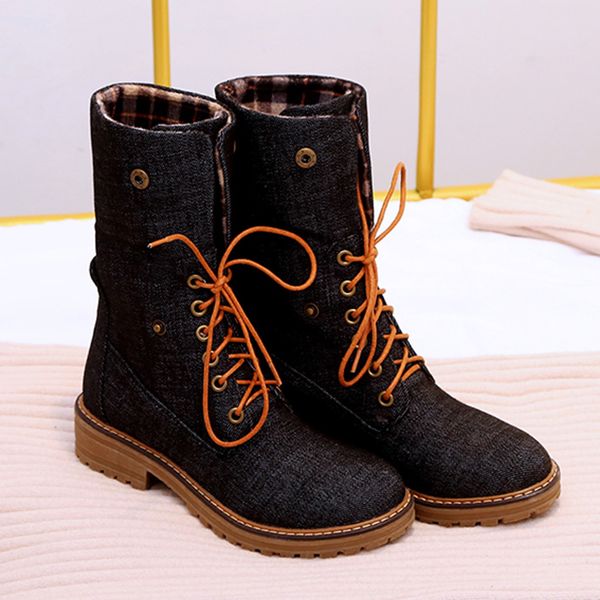 

2020 new spring winter fashion pure color round toe lace-up boots square heels vintage women boots two ways of wearing boots#o22, Black