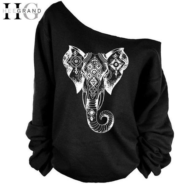 

hee grand women black brushed sweatshirt elephant printed long sleeve open shoulder streetwear black autumn casual hoody www914