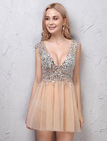 

a line gauze prom homecoming dresses sleeveless deep v neck cystal sequins backless sweetheart major beading 2020 prom dresses, Blue;pink