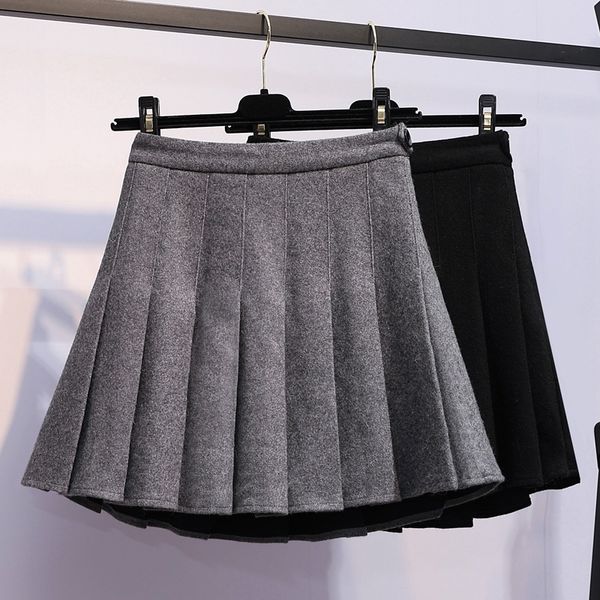 

plus size autumn winter pleated mini skirts high waist woolen gray pleated skirts korean high street women black mini