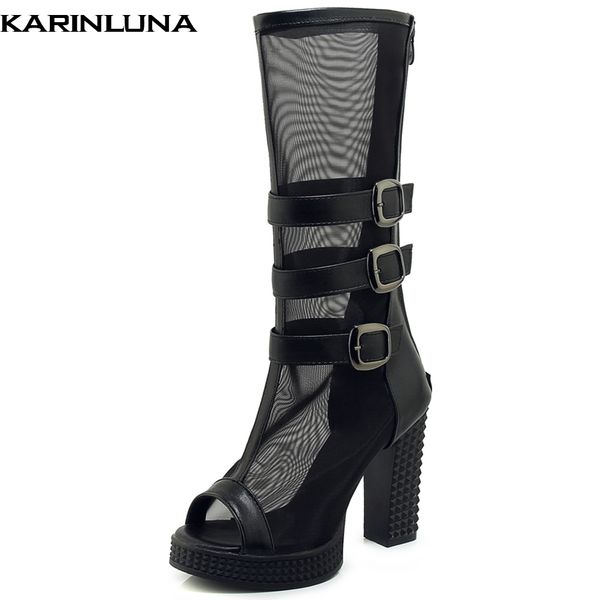 

karinluna plus size 33-43 buckles peep toe woman shoes chunky high heels air mesh summer boots zipper shoes woman boots, Black