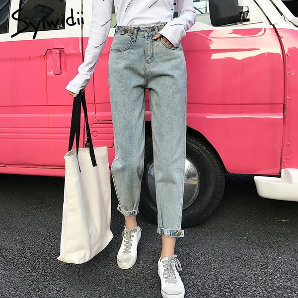 

кнопка высокая талия джинсы женщина старинные свободные мама жан женская одежда плюс размер бойфренд джинсы для женщин мода 2019 хлопок, Blue