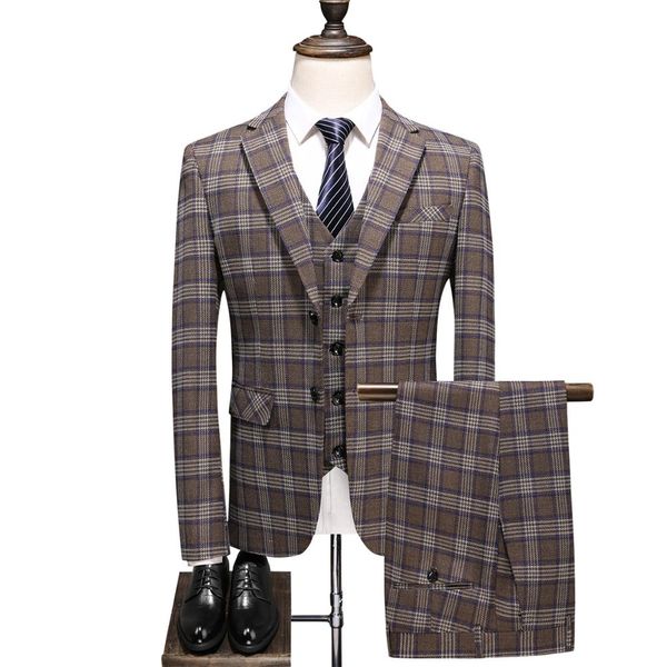 

3 piece formal men's suits regular fit plaid prom brown tuxedos fashion check jacket for wedding grooms (blazer+vest+pants, White;black
