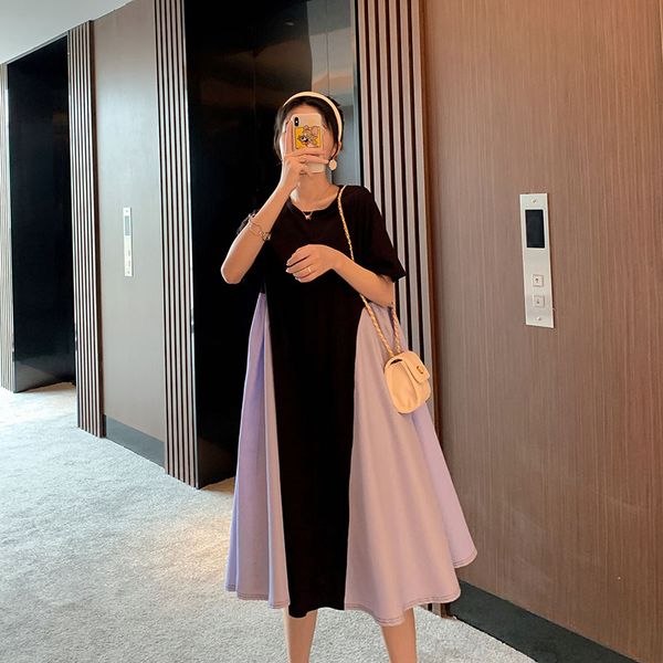 

921# maternity clothes summer cotton fashion o neck short sleeve loose stylish dress for pregnant women mom dress, White