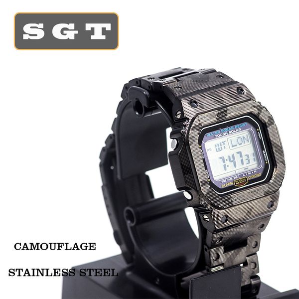 

watchband camouflage gw-m5610 5600 gw-5000 -5030 g-5600 stainless steel watch band and frame case solid metal bracelet, Black;brown