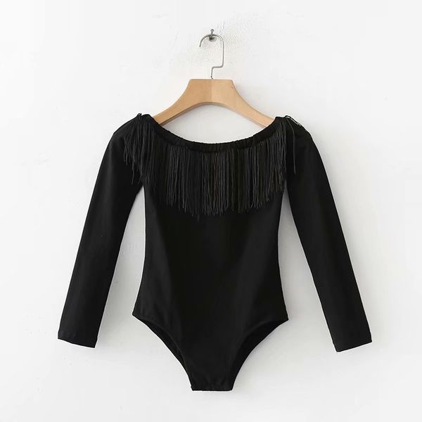 

european and american fashion xd30-1732 word shoulder black tassel edge jumpsuits, Black;white