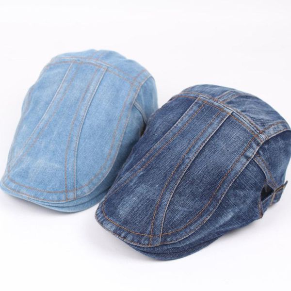 

1pc fashion handsome denim beret hat casual men women's vintage sunscreen cabbie ivy flat caps blue color outdoor sports caps, Blue;gray