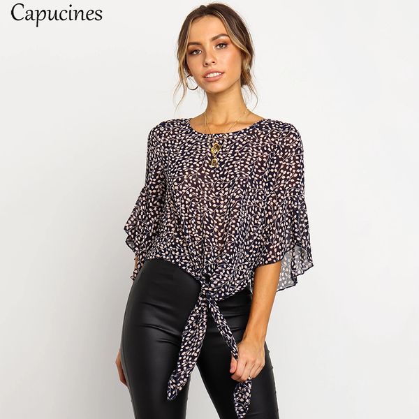 

women's blouses & shirts print knotted hem chiffon blouse and shirt autumn half sleeve round neck casual loose for women elegant offic, White