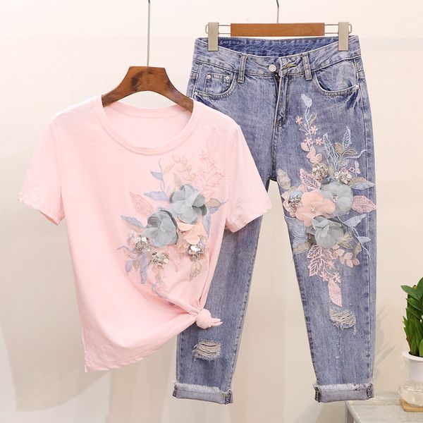 

spring summer women set fashion embroidery sequins 3d flower t-shirt hole jeans pants two piece set loose denim casual 2pcs, White
