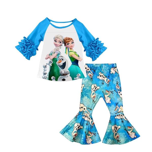 

autumn 3/4 sleeve blue ice romance kids set selling snowman trumpet pants set fashion character boutique girl, White