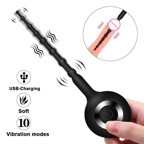 Maschio Urethral Pene Plug Vibratore 10 modalità Uretrale Vibrazione dilatatore di dilatatore Giocattolo del sesso per gli uomini Maschio Masturbatore Glans Stimolatore Silicone MX191228