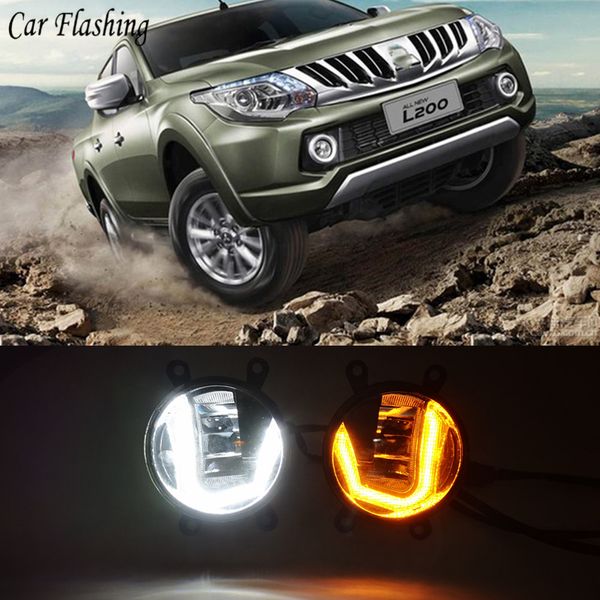 

3-in-1 functions led drl daytime running light car projector fog lamp with yellow signal for mitsubishi triton l200 2013 -2018