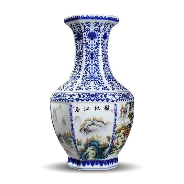 

qing qianlong antique ceramic vase blue and white hexagon vase with flower antique porcelain ancient porcelain collection