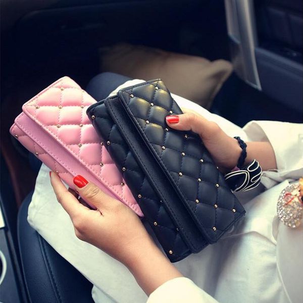 

factory sales brand handbag leather wallet cover double personality hand fashion women classic argyle rivet wallet purse embroidered lin, Red;black