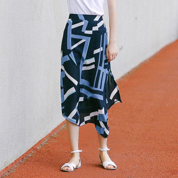 

ewq] 2020 spring summer new high waist irregular split fork hem stripe all-match women skirt qz871, Black