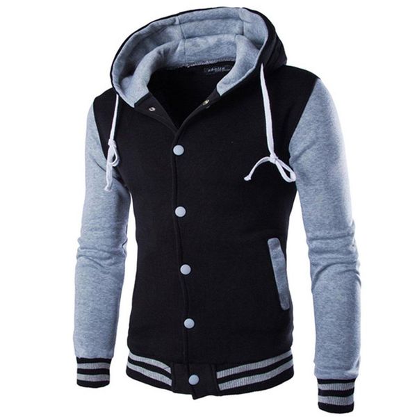 

men knitted button pullover long sleeve hooded fashion slim fit sweatshirts short style matching color hoodies, Black