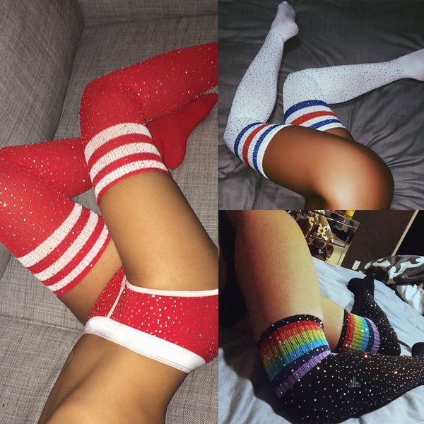 

2020 designer fashion tall drilling female striped stockings knee socks with diamond socks socks factory european and american, Black