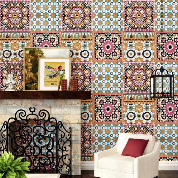 

3d bohemian style wallpaper living room bedroom restaurant southeast asia thai style imitation tile tv background mural walpaper