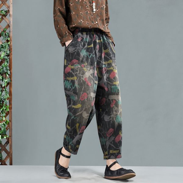 

spring pants women retro loose elastic waist trousers new ladies casual pocket print streetwear 2019 pants, Black;white