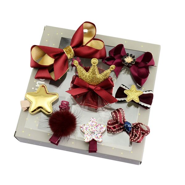 

10pcs/set gift box kids hair clips for girls hair accessories bow hairpins headwear princess crown hairgrips flower barrettes, Slivery;white