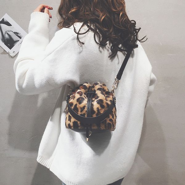 

style leopard women's bag fashion bucket shoulder bag drawstring messenger elegant casual furry fluffy