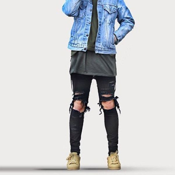 

2017 fashion men denim pants jeans ripped holes skinny elastic slim fit cool punk long trousers 19ing, Blue