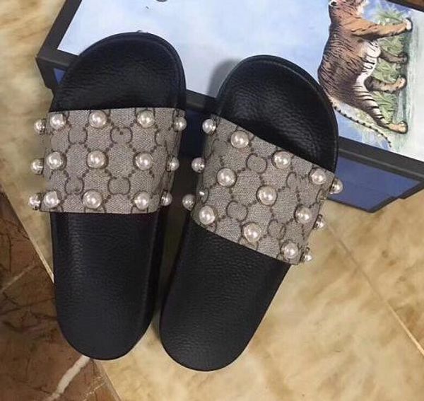 

new arrival mens and womens fashion causal designer sandals with pearl effect and gold toned studs designer flip flops, Black