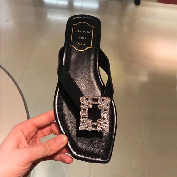 

kmeioo summer fashion woman jewel slippers crystal flip flops flat shoes woman outside slides slip-on flats sandals, Black