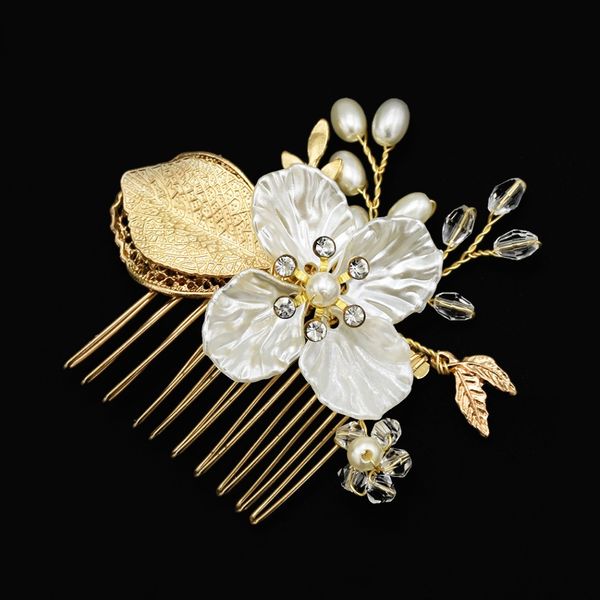 

us warehouse headdress bridesmaid side comb for bride handmade imitation pearl flower leaves crystal hair pins hair accessories, Silver