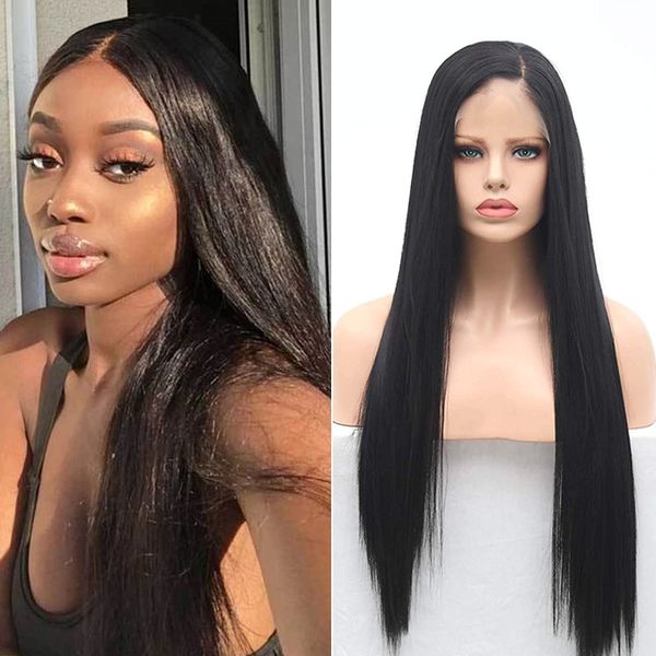 

charisma black long straight 13x6 wig high temperature heat fiber synthetic lace front wigs for black women daily use silky wig