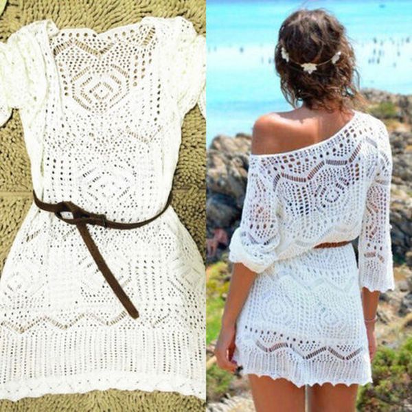 

new lace hollow knit beach dress swimwear crochet beach mini dress round neck white women, Blue;gray
