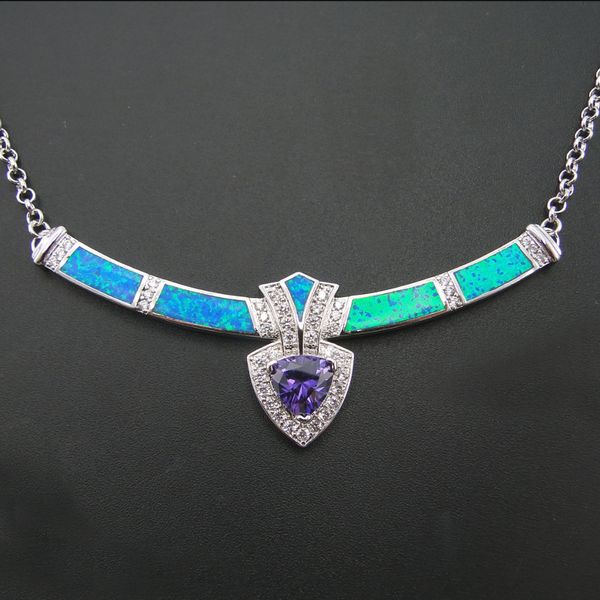 

silver plated jewelry blue fire opal women necklace engagement jewelry for gift
