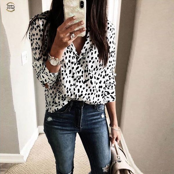 

fashion women v neck leopard print blouse 2019 spring autumn ladies long sleeve loose button down shirt casual blouse, White