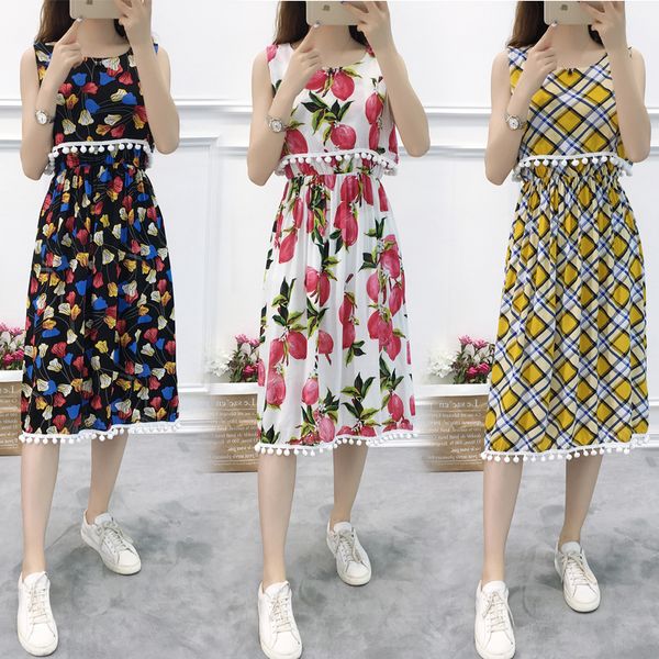 

women chiffon tank dress 2019 summer female elegant print floral vintage loose sleeveless a-line boho beach holiday vest dresses, Black;gray
