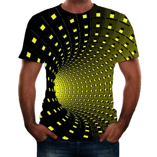 

dressing2020 3d tshirts black and yellow psychedelic printed t-shirt men summer hip hop funny checked tunnel print tee shirt men women, White;black