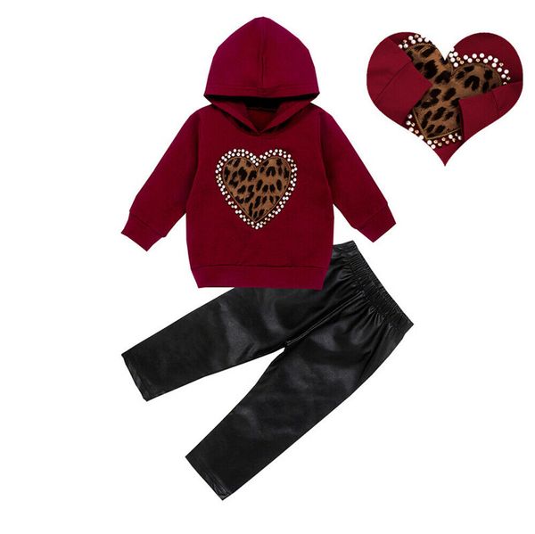 

new 2 pcs toddler kids baby girls tracksuit love heart hoodies +pu pants outfits, White