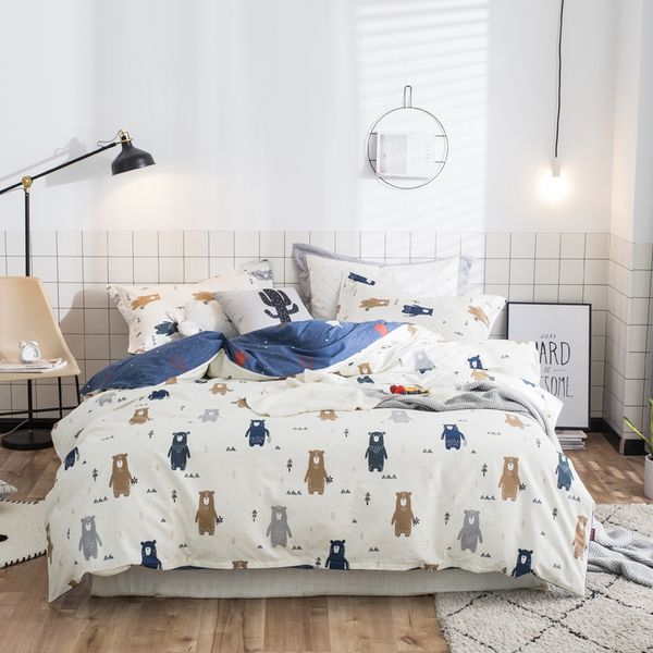 Cute Bear Print Japanese Simple Style Bedding Set Cotton Fabric