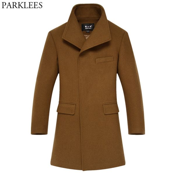 

men's stand collar long trench coats 2018 brand new winter wool &blends coat slim fit covered button overcoat manteau homme 3xl, Black