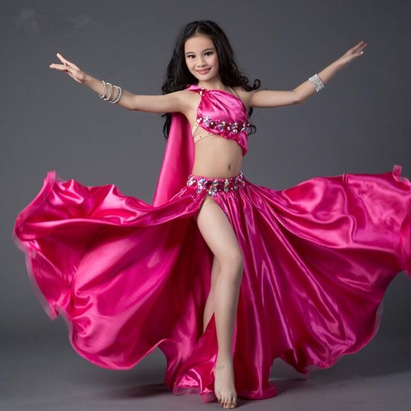 

luxury girl performance costume bling bling rhinestone decorated children belly dance suit 2 piece (bra+long skirt) red pink, Black;red