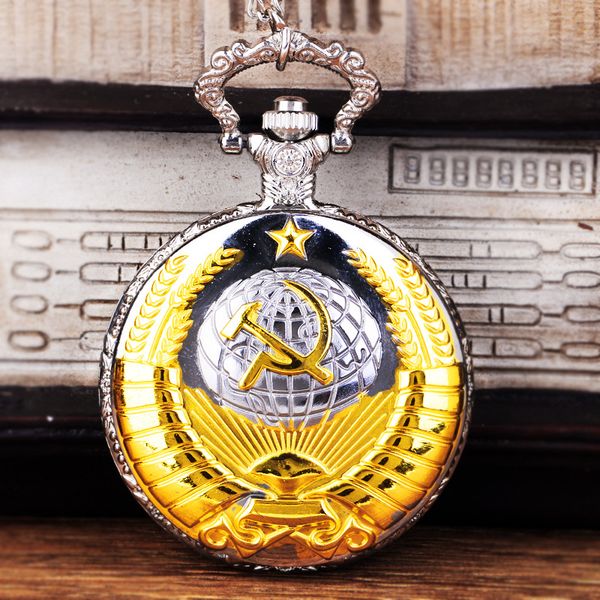 

vintage ussr soviet badges sickle hammer pocket watch necklace gold-silver pendant cccp russia emblem communism chain clock, Slivery;golden