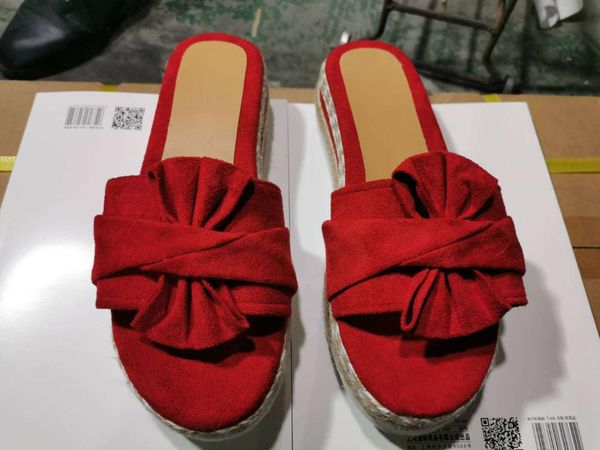 

summer new european and american bow beach women's slippers platform slanted heel rope large size women's shoes, Black;red