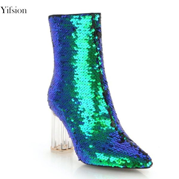 

yifsion new women boots winter square high heel mid-calf boots pointed toe gorgeous party ladies shoes women us size 3-10.5, Black