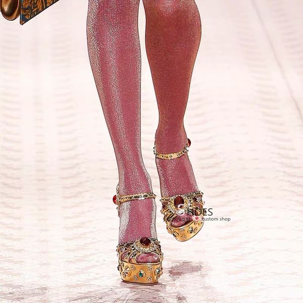 

ladies shoes jewelled metallic leather baroque heels gold jewel-embellished crystal diamond platform sandals pumps size 43 42 41, Black